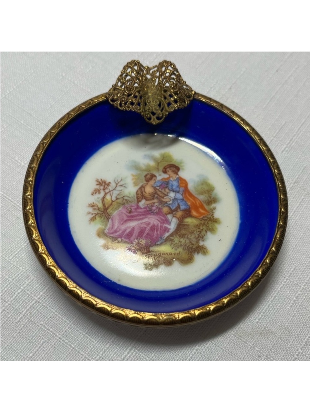 Vintage Limoges porcelain plate with intricate metal rim. Sweet Trinket dish